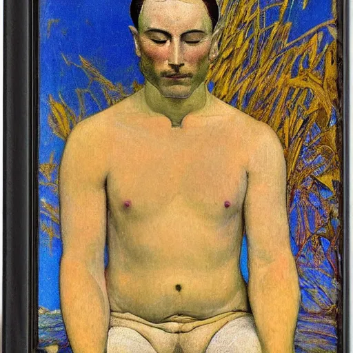 Image similar to by tom thomson, by louis rhead straight surrealism. a art installation of a man with a large head, sitting in a meditative pose. his eyes are closed & he has a serene look on his face. his body is made up of colorful geometric shapes & patterns that twist & turn in different directions.