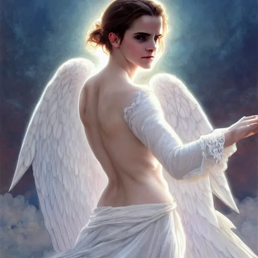 Image similar to emma watson as an angel, white lace, highly detailed, digital painting, matte, sharp focus, art by artgerm, greg rutkowski, alphonse mucha, frank frzetta, boris vallejo, bouguereau, beksinski, cinematic