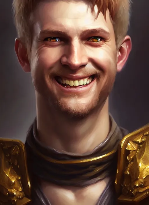 Image similar to a _ fantasy _ style _ portrait _ painting _ of white male short fringe light brown hair short face grinning, rpg dnd oil _ painting _ unreal _ 5 _ daz. _ rpg _ portrait _ extremely _ detailed _ artgerm _ greg _ rutkowski _ greg