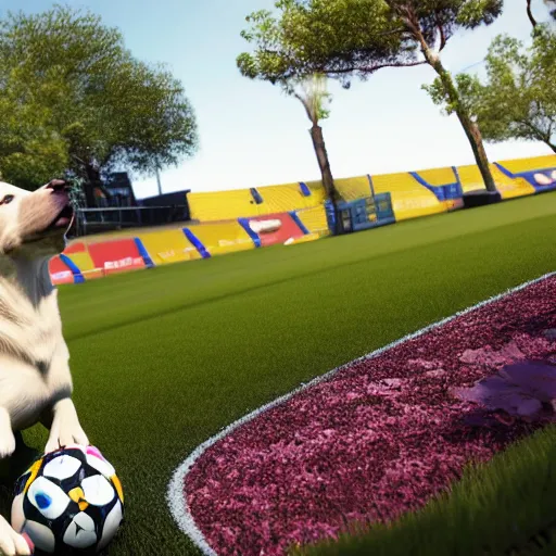 Prompt: 4 k, unreal engine 5 render of a labrador retriever barking at xavi hernandez on a beautiful garden