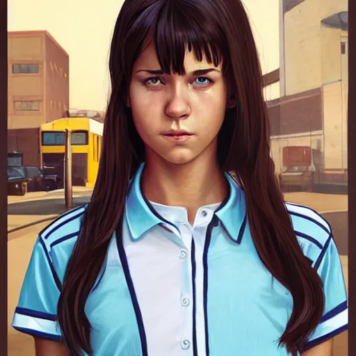 Image similar to portrait of a brunette thin teenager girl with blue eyes wearing school uniform in gta 5, light stubble with red shirt, inside modern school ,digital art,photorealistoc,art by greg rutkowski,hyperdetailed,western comic style,comic,comic style,sharp lineart,professional lighting,deviantart,artstation,trevor henderson,rossdtaws,cinematic,dramatic