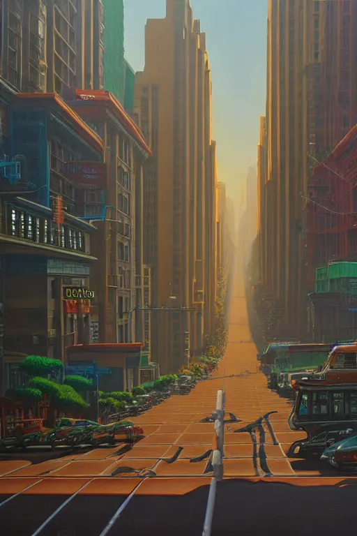 Image similar to Market Street, San Francisco in a redwood solar punk vision; oil on canvas by Klaus Bürgle and Simon Stålenhag; Ultra-Realistic 3D Depth Shading