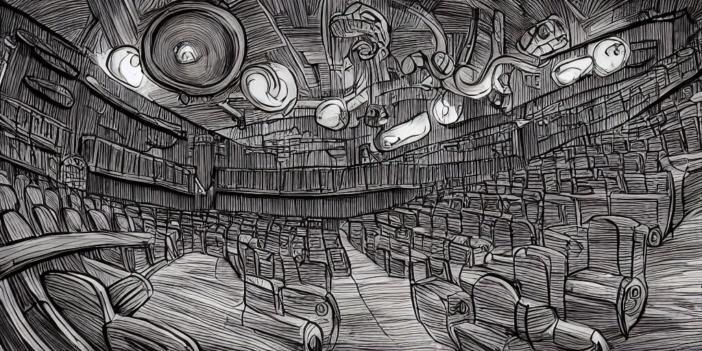 Image similar to a dimly lit, theater hall, 3 doors, 1 staircase, day of the tentacle style, drawn by Peter Chan, fish eye