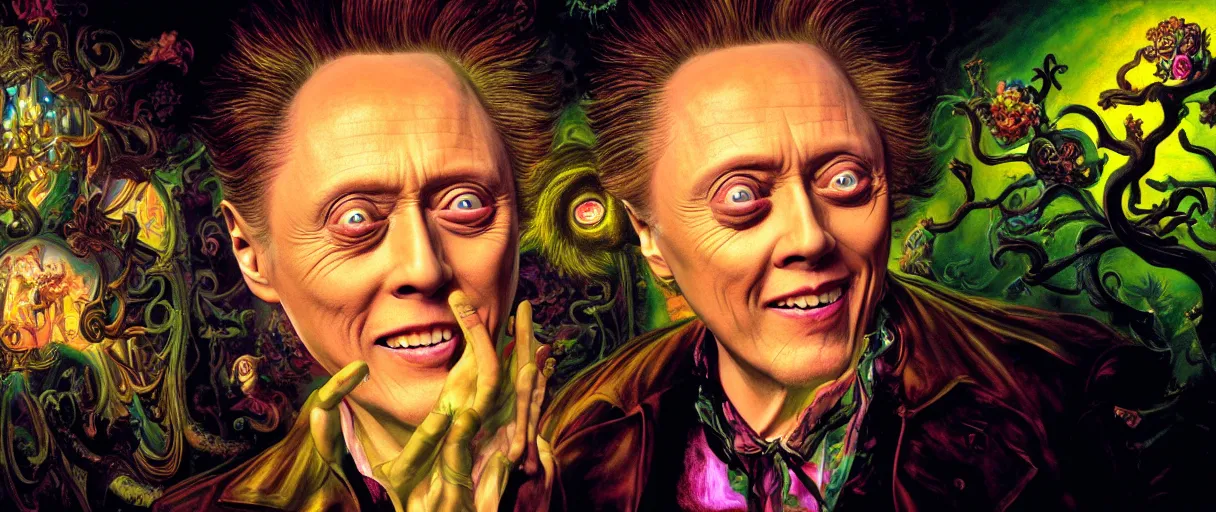 Prompt: neo-surrealist rococo close-up matte painting of old christopher walken pointing and laughing at me hannah yata very dramatic neon lighting 8k wide angle shallow depth of field