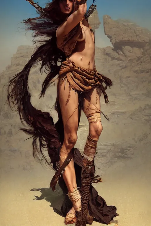 Prompt: a full body portrait of a beautiful post apocalyptic offworld desert bedouin thief savage rogue in ballet pose by the emerald oasis pools, intricate, elegant, highly detailed, digital painting, artstation, concept art, smooth, sharp focus, illustration, art by krenz cushart and artem demura and alphonse mucha