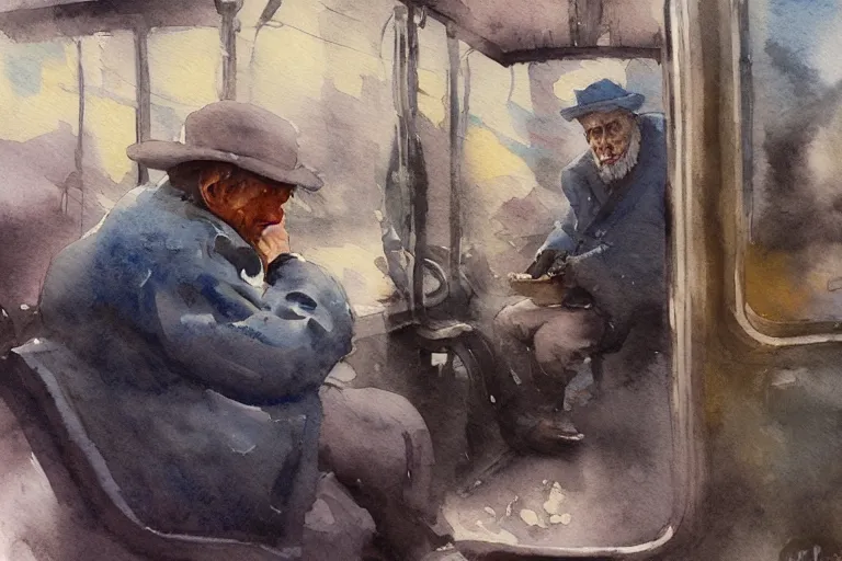 Prompt: small centered on watercolor paper, paint brush strokes, abstract watercolor painting of old man sitting on tram, poor and rugged, cinematic light, national romanticism by hans dahl, by jesper ejsing, by anders zorn, by greg rutkowski, by greg manchess, by tyler edlin