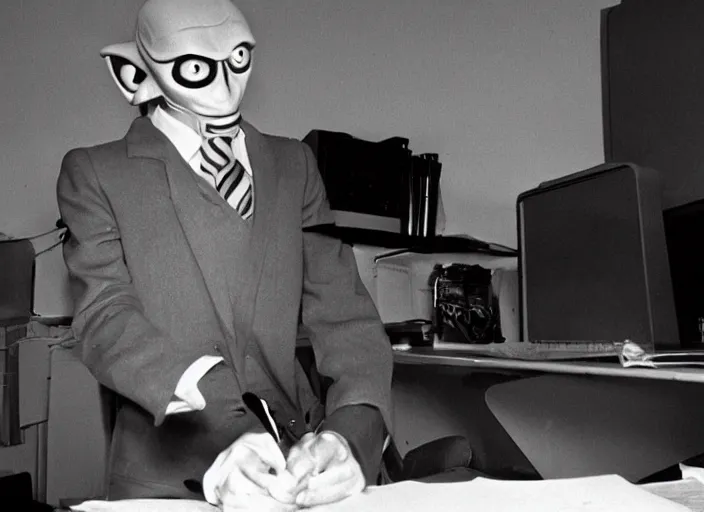 Prompt: an alien wearing a suit working a desk job at Area 51 in 1960s, archive photograph