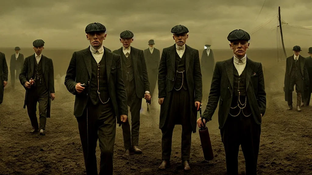 Prompt: the peaky blinders made of cucumbers coming out of the ocean film still from the movie directed by denis villeneuve with art direction by zdzis