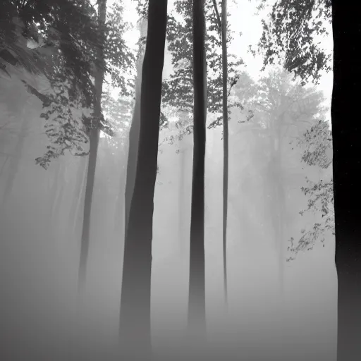 Image similar to hundreds of shadow people hidden in forest, staring with glowing white eyes, hyperrealistic, 8k, extremely detailed, black and white, foggy, grainy, very old