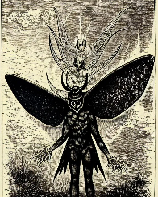 Image similar to illustration of mothman as a demon lord from the dictionarre infernal, etching by louis le breton, 1 8 6 9, 1 2 0 0 dpi scan