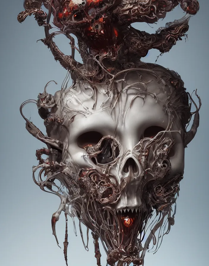 Prompt: symmetrical biomechanical mask of a demon space by Roberto Ferri. beautiful princess. vintage bulb. white plastic. human skull jellyfish butterfly phoenix head. burning water. intricate artwork by Tooth Wu and wlop and beeple and dan mumford and greg rutkowski. halo. octane render, cinematic, hyper realism, octane render, 8k, depth of field, bokeh. iridescent accents. vibrant