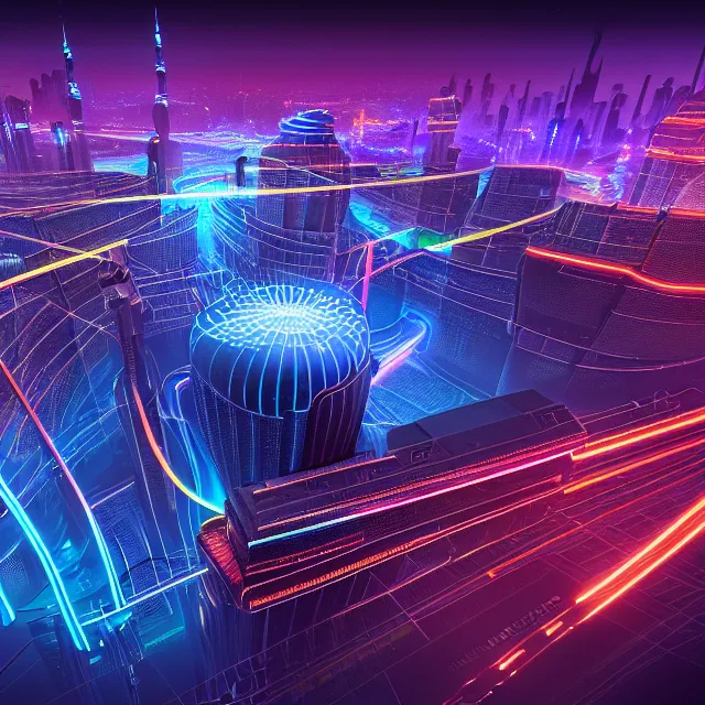 Prompt: beautiful 3 d render of futuristic circuit blocks connected with thick glowing wires, centered, symmetry, painted, intricate, volumetric lighting, beautiful, rich deep colors masterpiece, sharp focus, ultra detailed, in the style of dan mumford and marc simonetti, with a clear crowded futuristic cyberpunk dubai city in the background, astrophotography