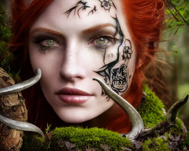 Prompt: 5 5 mm portrait photo of an armored gorgeous anesthetic redhead woman warrior with a face tattoo and lamb horns growing from her head, in a magical forest in the style of stefan kostic, art by luis royo. highly detailed 8 k. intricate. lifelike. soft light. nikon d 8 5 0. cinematic post - processing