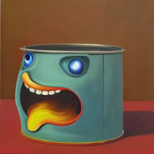 Prompt: a tin can with a face, opening its mouth, surrealist oil painting