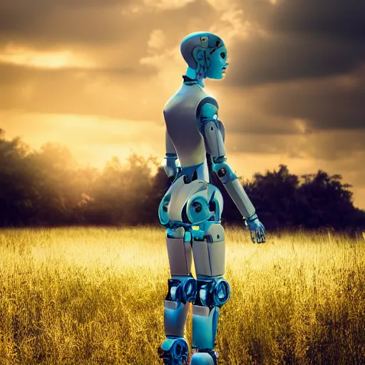 Prompt: beautiful Fine art photography of a solarpunk part robot part human girl with real human face and real torso, white background, highly detailed, medium shot, photorealism, sunset lighting 8k