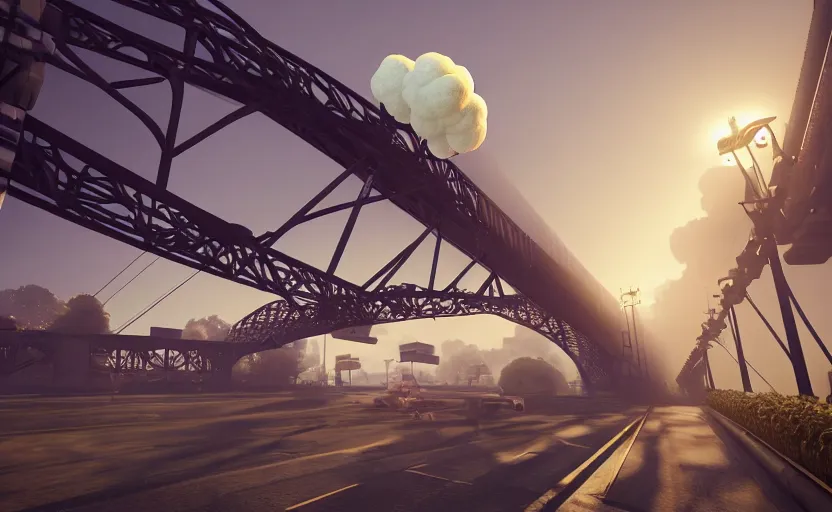 Image similar to explosions in the form of realistic cotton plants hit big harbour bridge, smooth, sharp focus, highly detailed, 3 d octane render, epic lighting, 8 k, by goro fujita