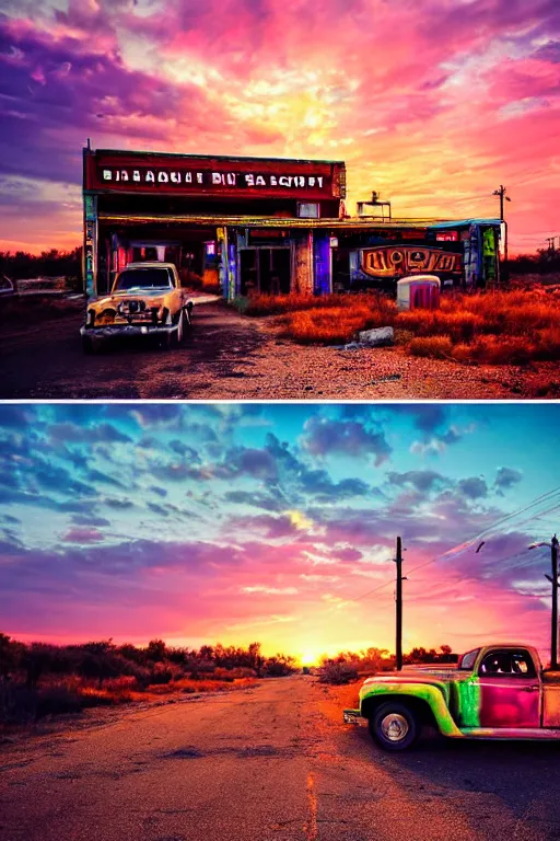 Image similar to a sunset light landscape with historical route 6 6, lots of sparkling details and sun ray ’ s, blinding backlight, smoke, volumetric lighting, colorful, octane, 3 5 mm, abandoned gas station, old rusty pickup - truck, beautiful epic colored reflections, very colorful heavenly, softlight