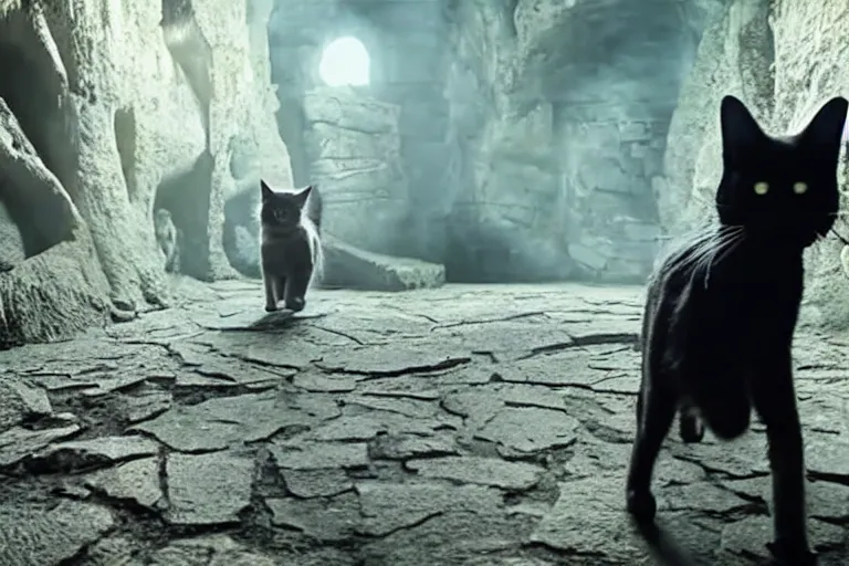 Image similar to futuristic VFX movie of a cat walking through a wizards magic underground study, natural lighting by Emmanuel Lubezki