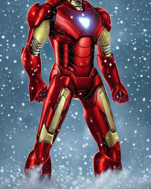 Image similar to ironman in a christmas themed suit, dynamic lighting, fantasy concept art, trending on art station, stunning visuals, creative, cinematic, ultra detailed