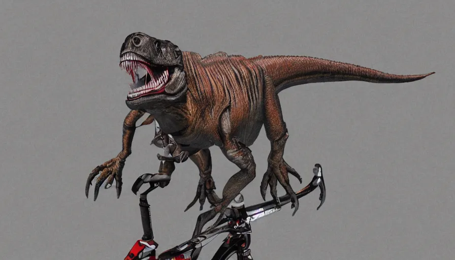 Image similar to a t - rex riding a bicycle, hyper realistic, anatomically accurate, high detail, photography