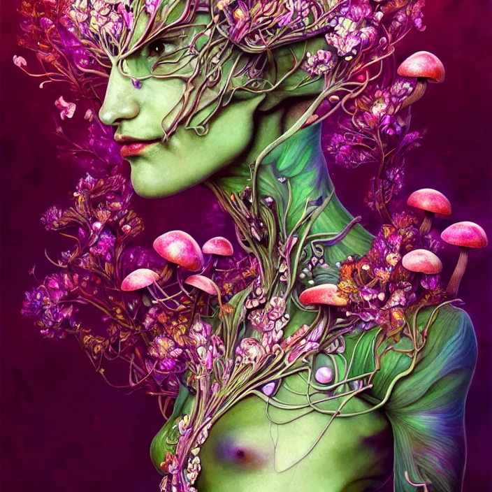 Image similar to extremely psychedelic organic cyborg made of orchid and cherry blossom tree and mushroom, LSD elk, diffuse lighting, fantasy, intricate, elegant, highly detailed, lifelike, photorealistic, digital painting, artstation, illustration, concept art, smooth, sharp focus, art by John Collier and Albert Aublet and Krenz Cushart and Artem Demura and Alphonse Mucha