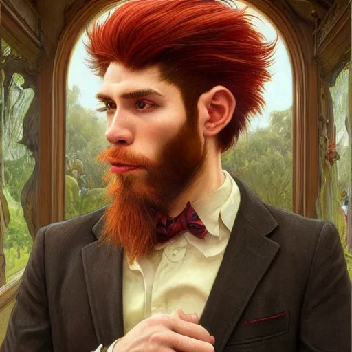 Image similar to portrait of a monkey with a humanoid face, male, handsome, masculine, full body, red hair, long hair, soft hair, fantasy, intricate, elegant, highly detailed, suit, coffee shop, digital painting, artstation, concept art, character art, smooth, sharp focus, illustration, art by artgerm and greg rutkowski and alphonse mucha