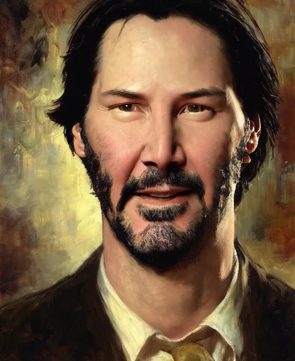 Prompt: portrait of keanu reeves, joyful, highly detailed painting by gaston bussiere, craig mullins, j. c. leyendecker 8 k,