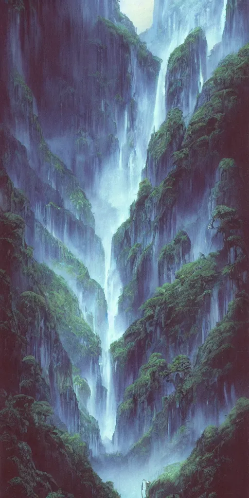 Image similar to an impressive waterfall on the side of a huge mountain, moody, mist, highly detailed, by vincent di fate nausicaa and ghibli