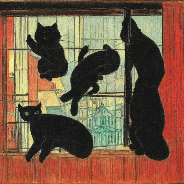 Image similar to couple under a baldachin with city seen from a window frame. fuzzy black cat. henri de toulouse - lautrec, utamaro, matisse, monet, rene magritte