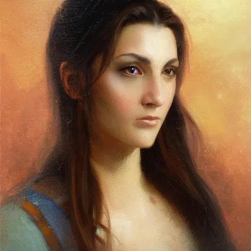 Image similar to portrait of an italian woman ( 3 5 ) from italy in 2 0 2 1, an oil painting by ross tran and thomas kincade