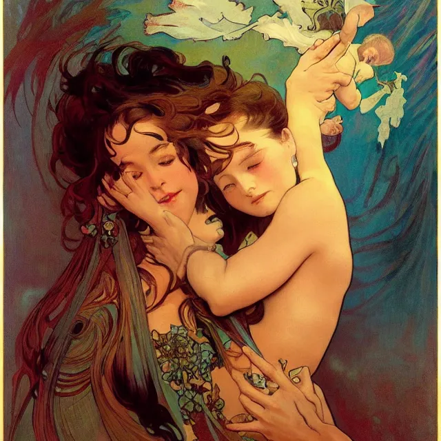 Image similar to an aesthetic! detailed portrait of an aesthetic woman crying mournfully while holding a child, by frank frazetta and alphonse mucha, oil on canvas, bright colors, art nouveau, epic composition, dungeons and dragons fantasy art, hd, god - rays, ray - tracing, crisp contour - lines, huhd - 8 k