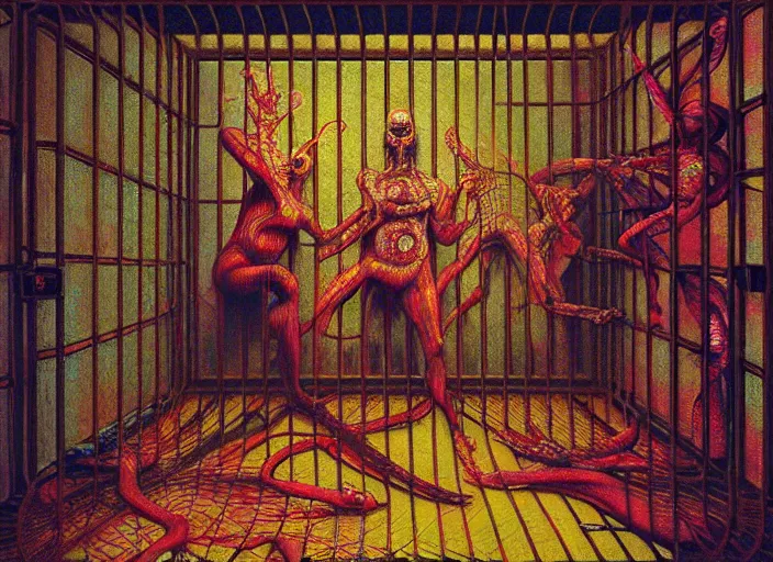 Prompt: realistic detailed photo rendered in octane 3d , of family trapped in a cage in a old soviet apartment in the eternal hyperspace of doom, shipibo , by Francis Bacon, by Ivan Bilibin, by Alex Grey, by Ayami Kojima, Amano, Karol Bak, Greg Hildebrandt, and Mark Brooks , rich deep colors. Beksinski painting, art by Takato Yamamoto. masterpiece. rendered in blender, ultra realistic, smooth shading, ultra detailed, high resolution, cinematic, unreal 6