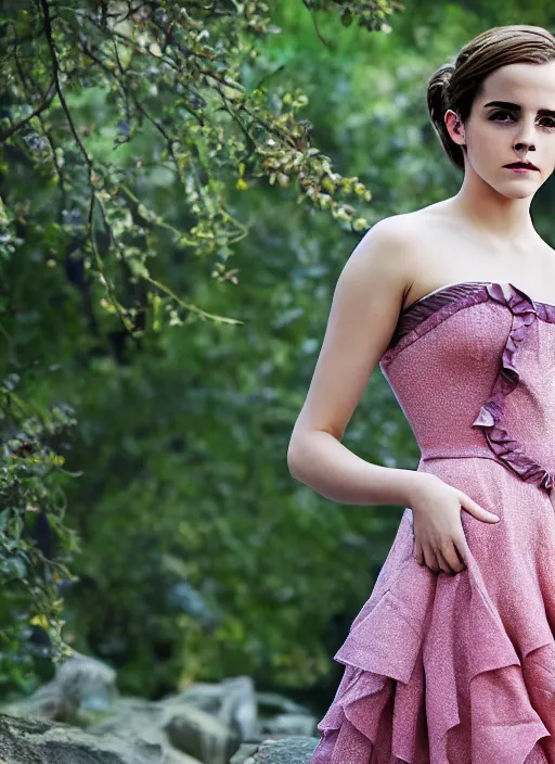 Image similar to Emma Watson for Victorian Secret, summertime, full length shot, XF IQ4, 150MP, 50mm, f/1.4, ISO 200, 1/160s, natural light, Adobe Photoshop, Adobe Lightroom, DxO Photolab, Corel PaintShop Pro, rule of thirds, symmetrical balance, depth layering, polarizing filter, Sense of Depth, AI enhanced