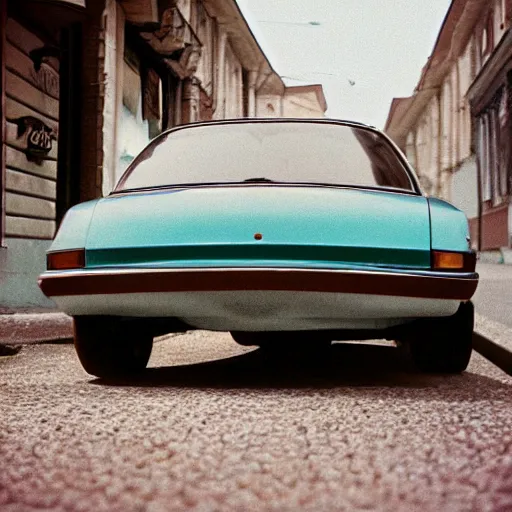 Prompt: close-up shot of car in russian small town, low angle, velvia film, cinestill,f 1,6, blur, by William Eaglstone