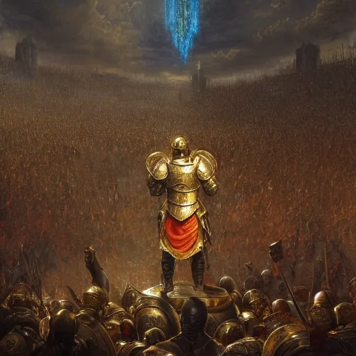 Prompt: artstation concept of a man in armor standing in a crowd gettig cheered, man with arms wide open, bright colorful, gold, hyperdetailed, artstation trending, world renowned artists, worth 1 0 0 0. com, historic artworks society, antique renewel, cgsociety, by greg rutkowski, by gustave dore, deviantart