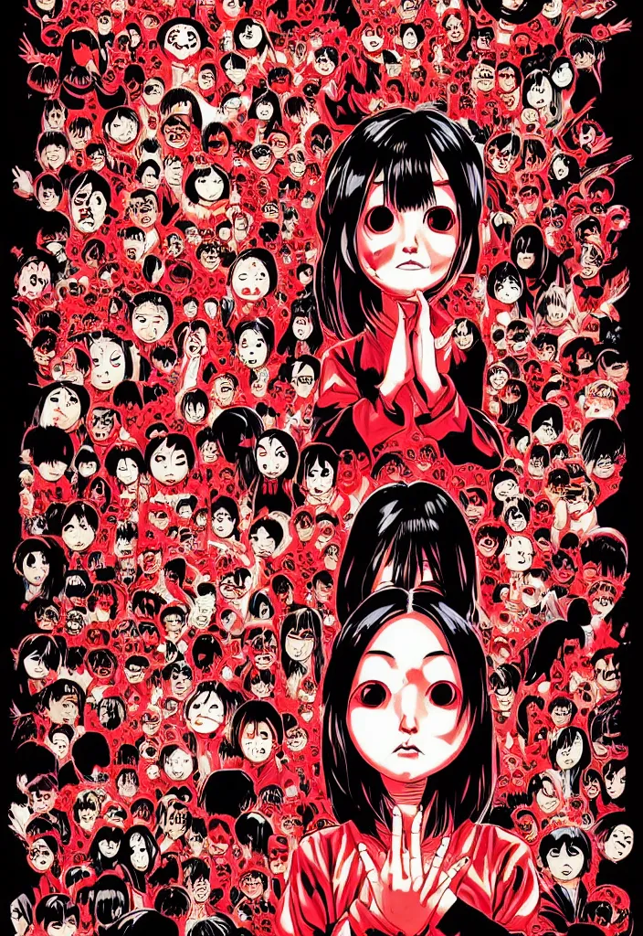 Prompt: a comic book style japanese horror poster of girl with large eyes by dan mumford, yusuke murata and junji ito, blood lines, yokai, shinigami, eyes,shurikens, kanji, 8k, unreal engine, trending on artstation, pixiv, intricate details, volumetric lighting