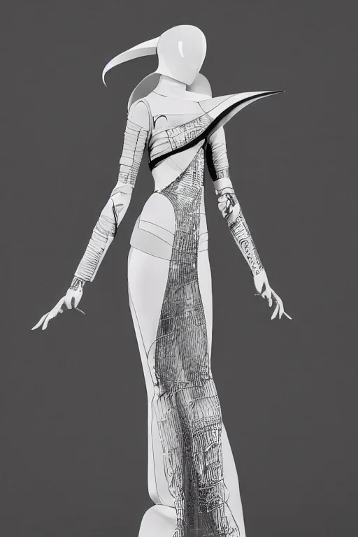 Image similar to futuristic haute couture dress styled by iris van herpin, yoji shinkawa, sharp detailed lines