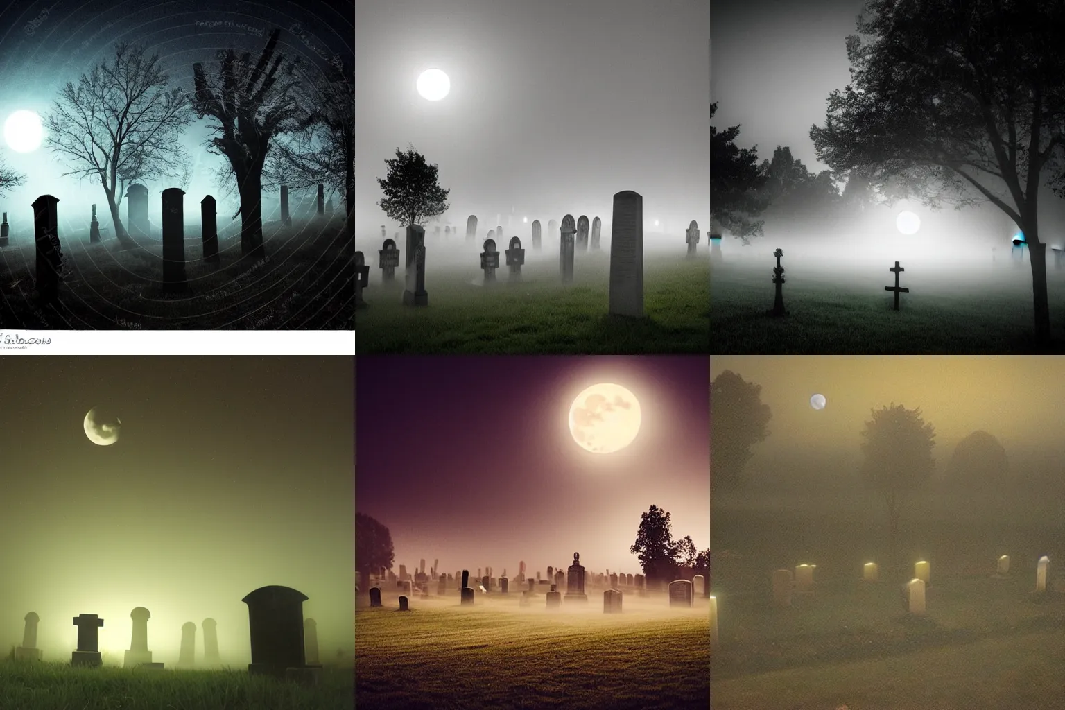 Prompt: spooky cemetery at night, moonlight, misty