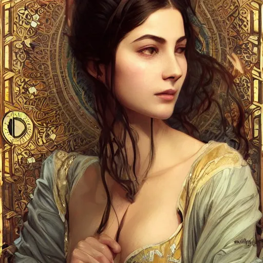 Image similar to character portrait of Mata Hari girl in a hoodie, relaxing mood, intricate, wild, highly detailed, digital painting, artstation, upper body, concept art, smooth, sharp focus, illustration, art by artgerm and greg rutkowski and alphonse mucha