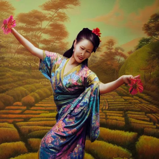 Image similar to thai lady dancing, cute face, floral print kimono, pai hills, cloudy, tea plantation, fantasy detailed trending on artstation, oil painting, dramatic lighting, eterea, high quality print, fine art with subtle redshift rendering