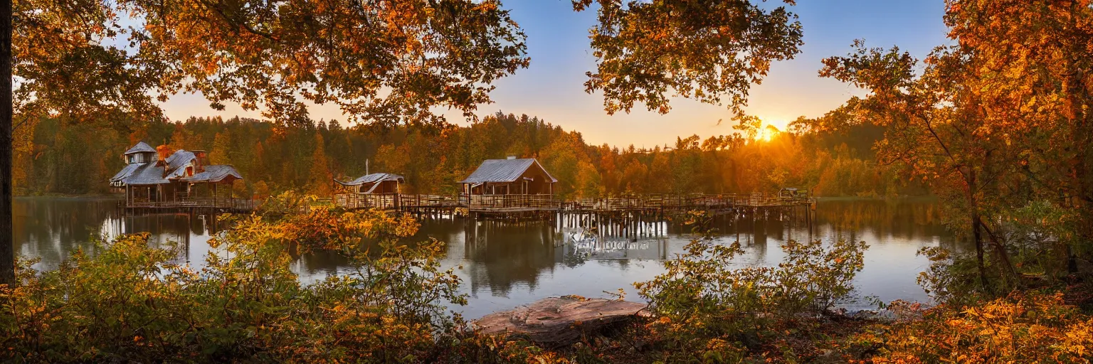 Image similar to a autumn forest, with a rustic house in front of a lake, at sunrise, with a pier from the house that leads to the lake