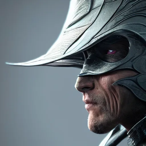 Image similar to hyper realistic, highly detailed hybrid of raiden from mortal kombat, and raiden from metal gear solid wearing a conical rice hat. portrait, stephen bliss, unreal engine, greg rutkowski, beeple global illumination, translucent, sub - surface scattering, detailed and intricate environment