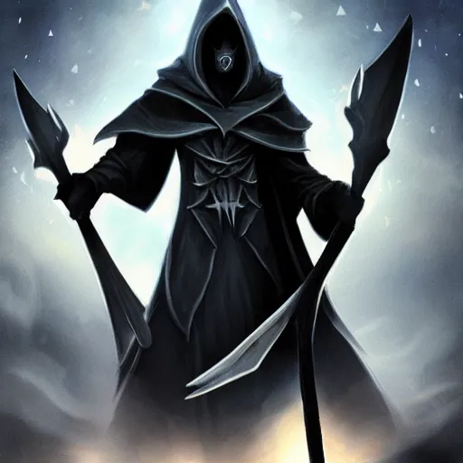 Prompt: Karthus from League of Legends as a grim reaper holding a scythe wearing a cloak, epic detail, night, star sky
