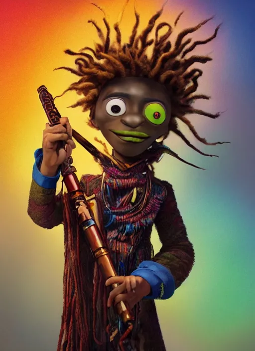 Image similar to an anthropomorphic beautiful male wizard portrait holding bazooka wearing colourful robe, dreadlock breed hair, fine art, award winning, intricate, elegant, sharp focus, octane render, hyperrealistic, cinematic lighting, highly detailed, digital painting, 8 k concept art, art by jamie hewlett masterpiece, trending on artstation, 8 k