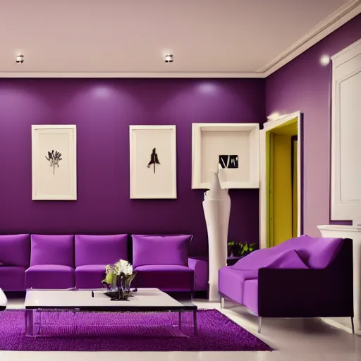Prompt: a minimalist purple dark yellow and white house interior,photographic filter realistic artstation concept art hyperdetailed 8k ultradetail photograph cinematic concept art