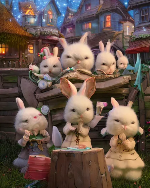 Prompt: an epic fantasy comic book style portrait painting of a group of white fluffy bunnies outside a restaurant village, decorations, fantasy, crowded, character design by mark ryden and pixar and hayao miyazaki, unreal 5, daz, hyperrealistic, octane render, cosplay, rpg portrait, dynamic lighting, intricate detail, winter vibrancy, cinematic,