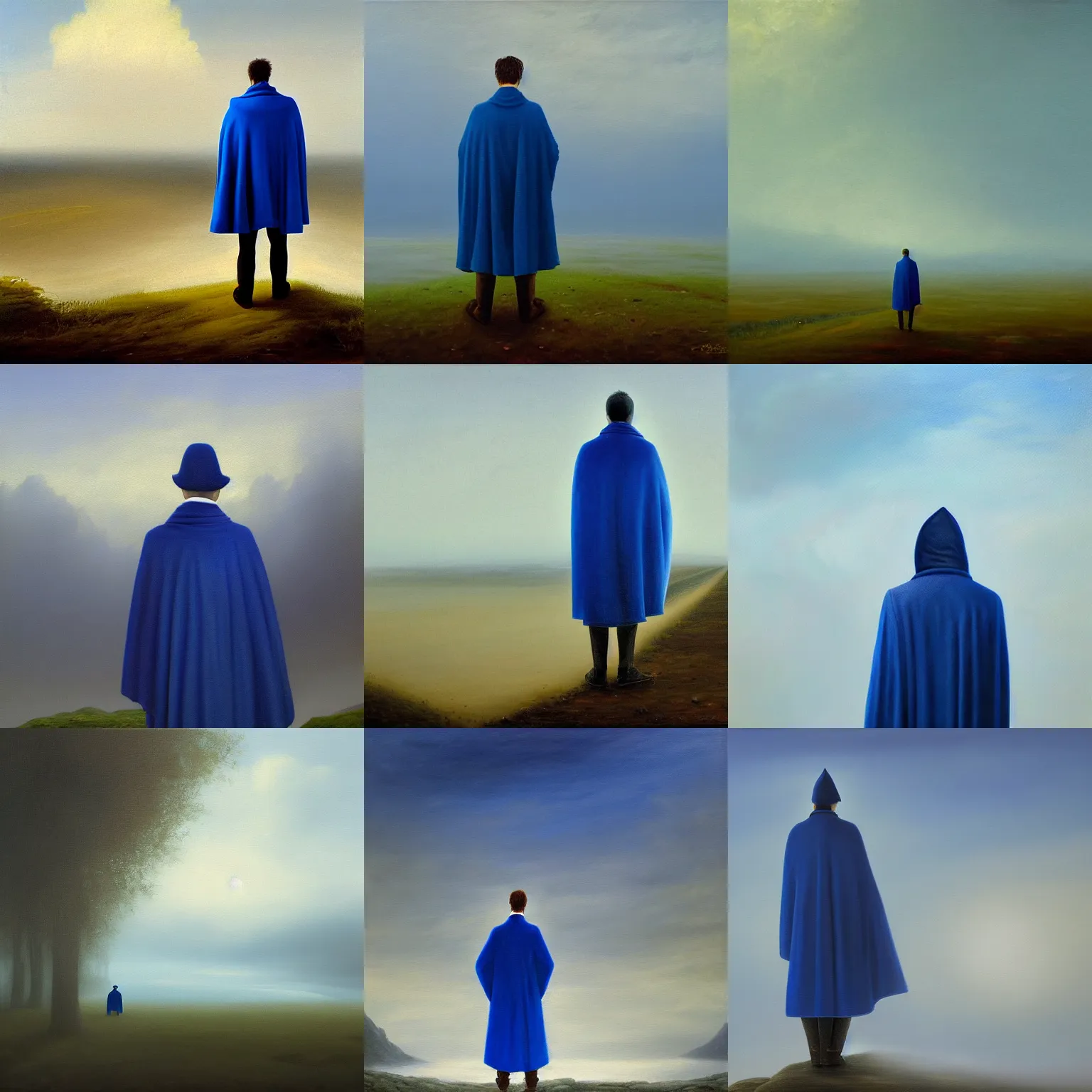 Prompt: oil painting of a blue caped man, lonely, depression, foggy background, standing in midground, blue sky, by capsar david friedrich