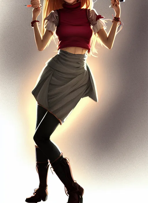 Image similar to portrait of a full body of beautiful young female detective, d & d, sleeveless turtleneck, pencil skirt, fantasy, flat lighting, intricate, highly detailed, digital painting, artstation, concept art, smooth, sharp focus, illustration, misa amane, art by simon bisley and greg rutkowski and alphonse mucha, natural tpose