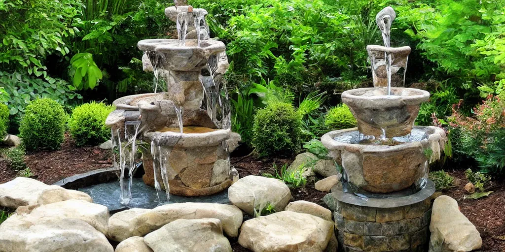 Prompt: award winning stone work waterfall fountain in a lush green backyard, photo