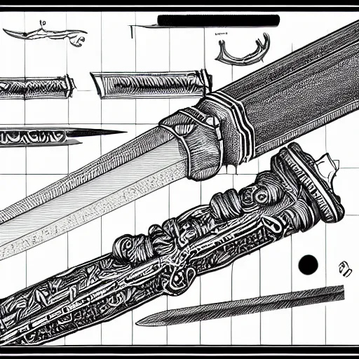 Image similar to black and white pen and ink sword design highly detailed technical drawing center page single item clear defined concept art